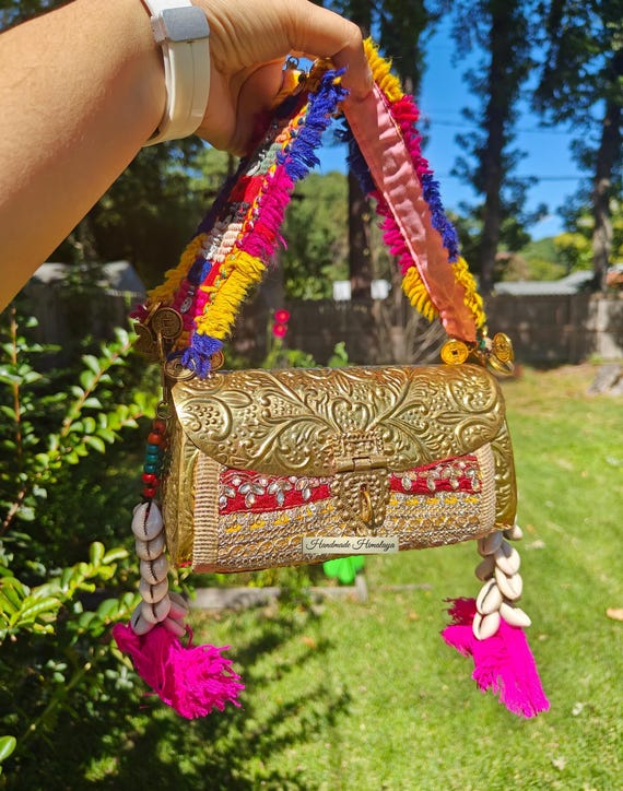 Gold Brass Metal Clutch, Engraved Purse with Tribal Embroidered Strap and Shell Tassels Crossbody Kuchi Banjara Indian Bag