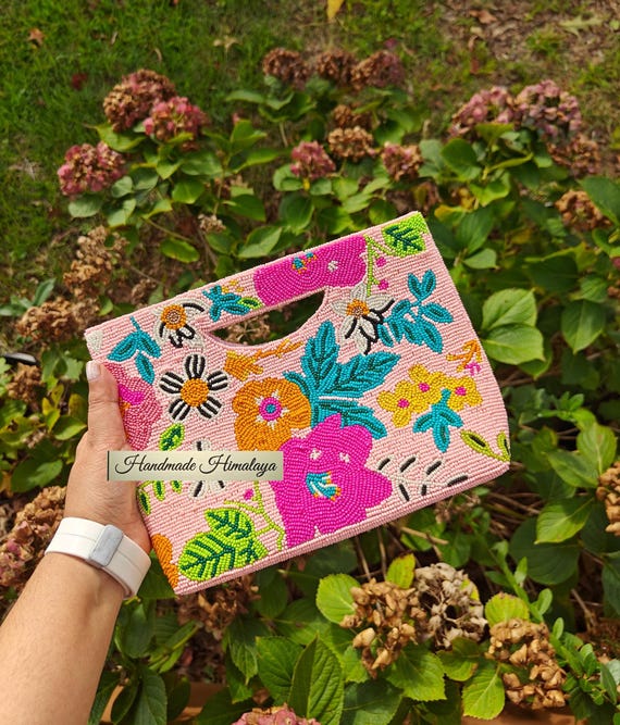 Pink Beaded Clutch, Floral Cut Handle Purse, Seed Bead Embroidered Bag with Detachable Chain