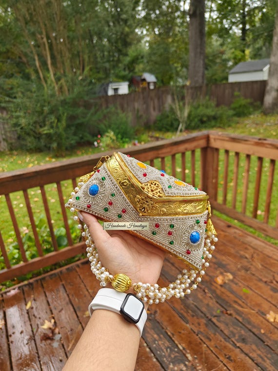 Handmade Beaded Brass Clutch: Indian Wedding Bridal Purse with Pearl Handle