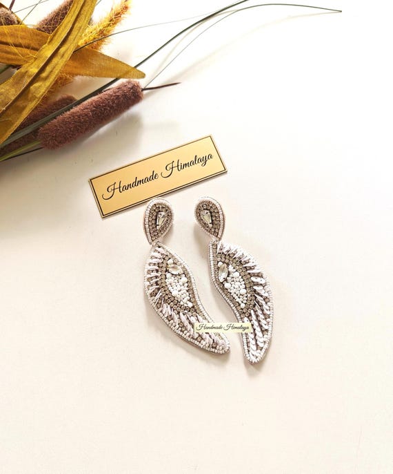White Angel Wing Earrings | Crystal Beaded Bridal Statement Earrings