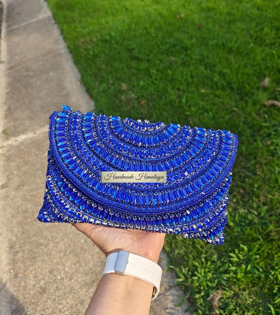 Royal Blue Beaded Clutch, Rhinestone Crystal Party Evening Bag, Luxury Bridal Purse with Gemstone Embroidery, Perfect Gift for Her