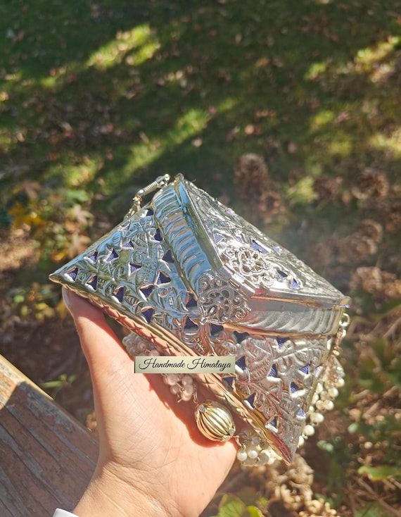 Embossed Brass Clutch: Silver Metal Indian Purse Silver Wedding Bag