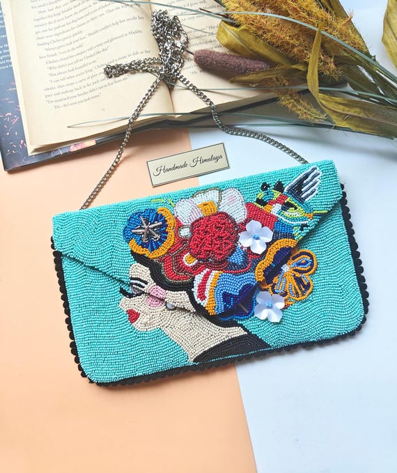 Green Beaded Clutch, Summer Clutch, Lady With Flowers Purse, Gift for Her, Beaded Purse, Crossbody Bag, Party Evening Clutch, Statement Bag