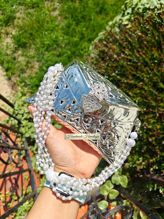 Embossed Silver Clutch Bag | Indian Wedding Brass Purse | Boho Evening Handbag