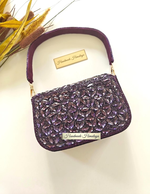 Purple Crystal Clutch, Rhinestone Evening Bag, Mini Wedding Purse