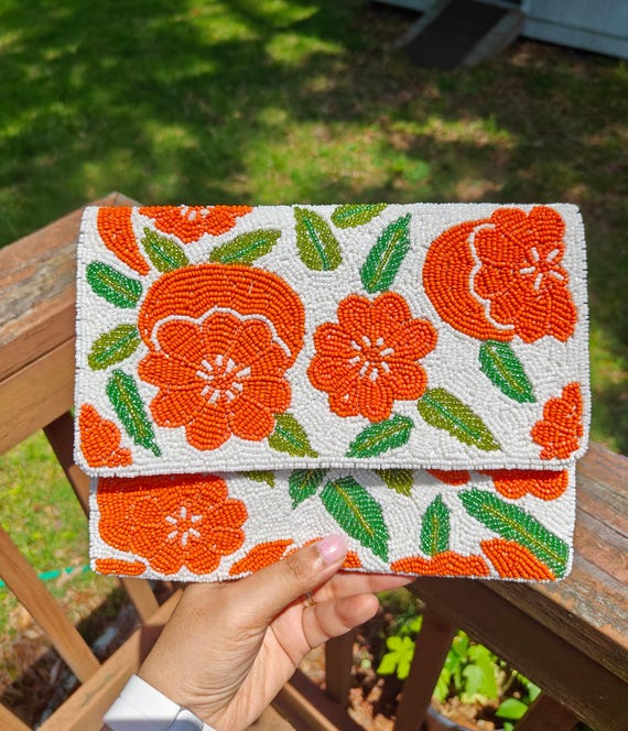 Orange Floral Clutch, Beaded Purse, Crossbody Bag, Vibrant Summer Bag, Embroidered Party Evening Clutch, Gift for Her, Fruit Flower Purse