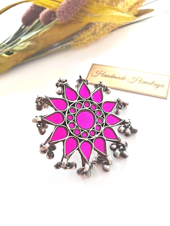 Hot Pink Afghan Mirror Ring | Tribal Ethnic Indian Glass Big Brass Ring