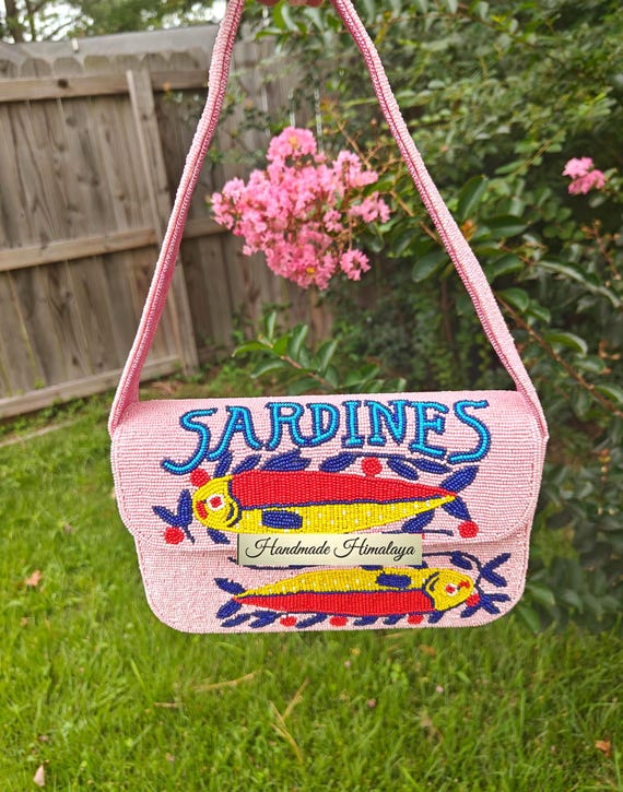 Sardines Beaded Shoulder Bag: Pink Fish Purse Summer Beach Handbag
