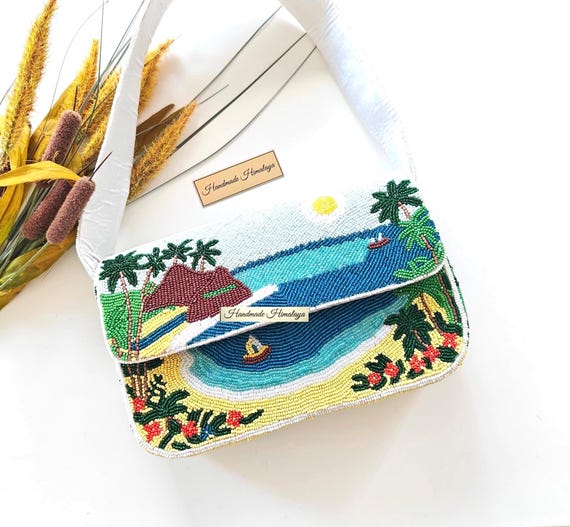 Handmade Hawaii Beaded Bag | Sunset Tropical Beach Purse | Blue Ocean Island Vacation Handbag