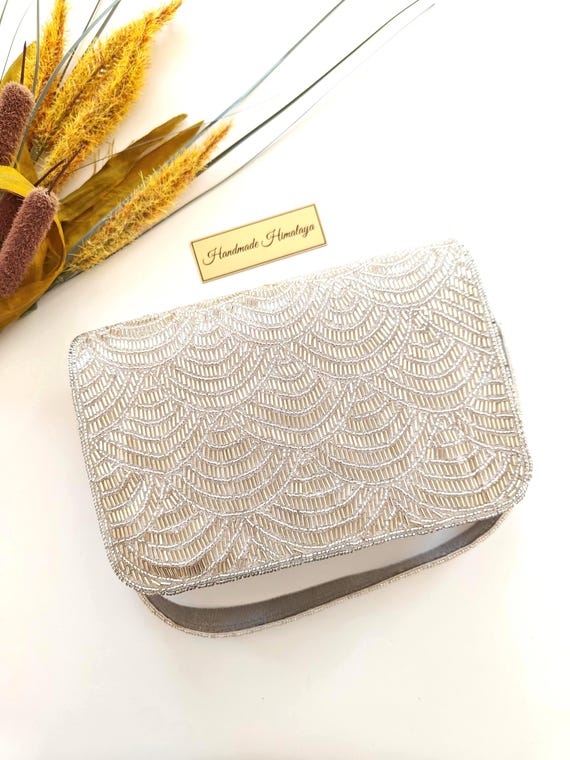 Silver Beaded Bridal Clutch | Art Deco Scallop Wedding Purse | Vintage Style Formal Gala Handbag