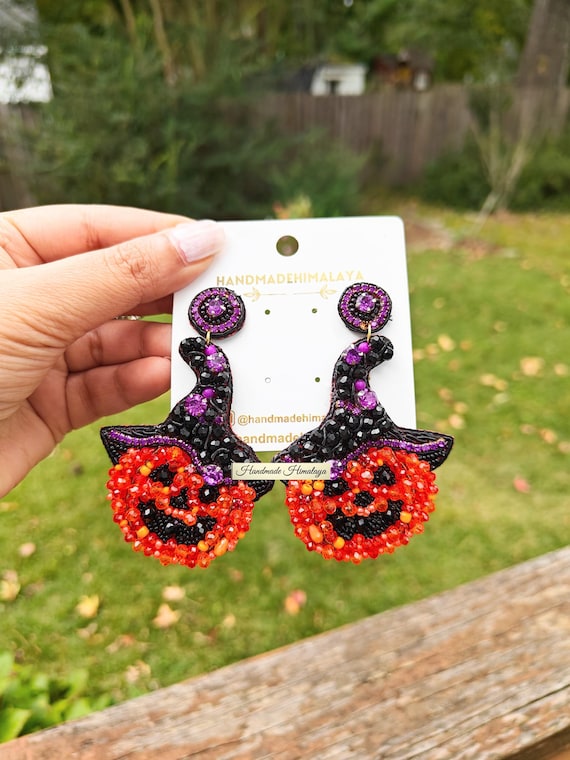 Halloween Beaded Dangle Earrings: Pumpkin Witch Hat Jewelry