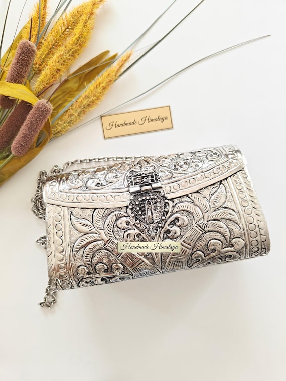 Silver Brass Clutch | Engraved Floral Metal Handbag | Bridal Party Crossbody Bag