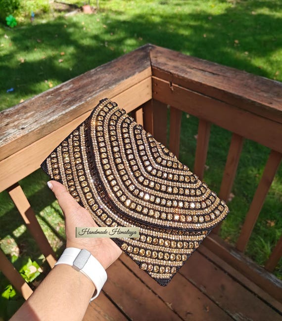 Black Gold Purse, Black Evening Clutch, Black Rhinestone Purse, Beaded Purse, Crossbody Bag, Beaded Bag with Handle, Wedding Formal Purse