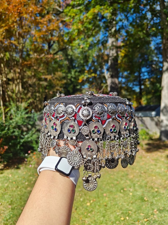 Afghan Halima Sultan Cap: Traditional Belly Dance Hat Embellished Blue Woman Cap