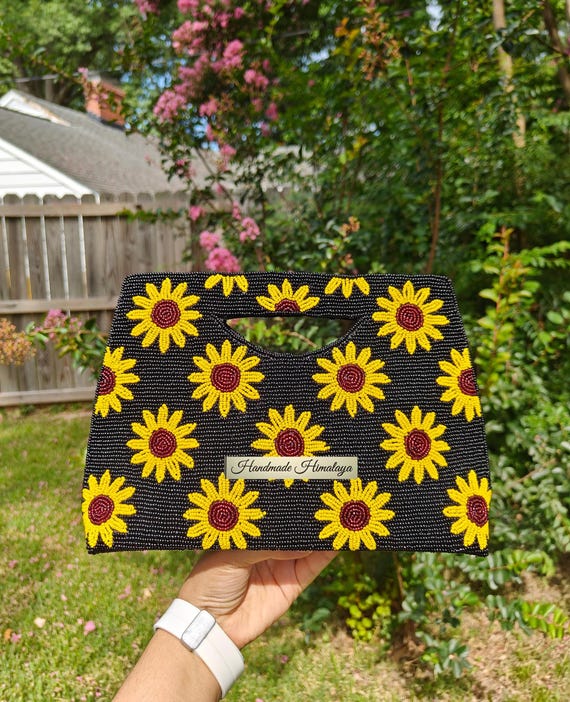 Sunflower Beaded Clutch, Party Evening Bag, Summer Beaded Bag, Crossbody Bag, Gift For Her, Yellow Black Purse, Beaded Handbags