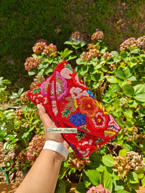 Beaded Red Purse, Floral Embroidery Envelope Bag, Party Clutch, Prom Accessories