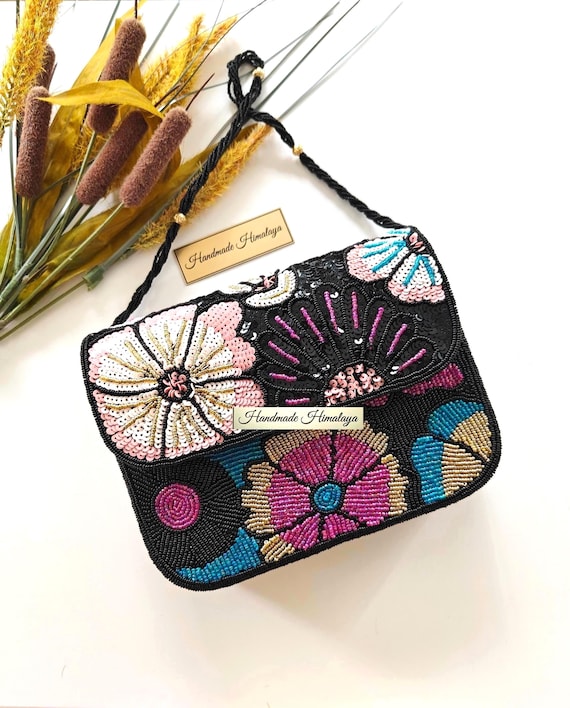Hand Embroidered Black Beaded Bag, Sequin Floral Clutch, Bead Shoulder Crossbody, Party Evening Bags