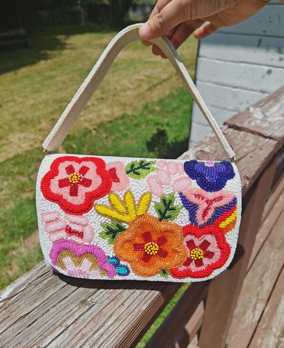 Handmade Floral Beaded Handbag, Colorful Embroidered Purse with Detachable Strap, Crossbody Bag, Boho Summer Clutch, Vibrant Gift for Her
