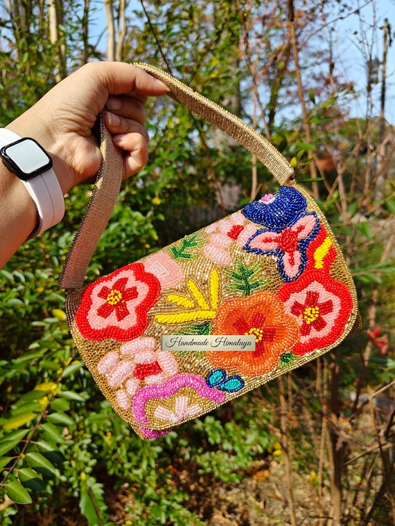Gold Beaded Clutch, Floral Beaded Purse, Party Evening Bag, Stylish Accessory for Weddings, Crossbody Flower Handbag