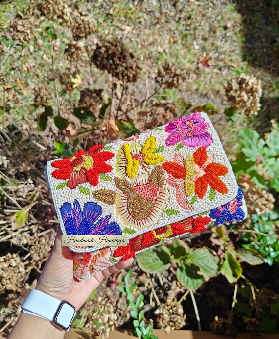 White Beaded Clutch, Colorful Flower Purse, Crossbody Bag, Party Evening Bag, Prom Purse, Embroidered Floral Bag, Beaded Bag, Beaded Purse