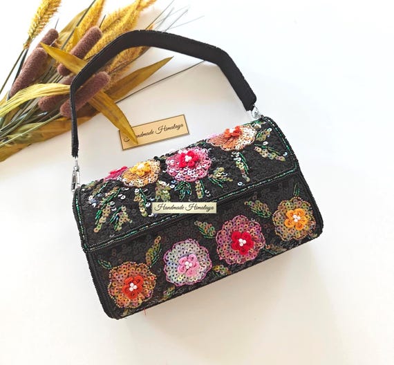 Black Floral Sequin Beaded Bag | Boho Embroidered Evening Purse | Colorful Flower Wedding Party Clutch