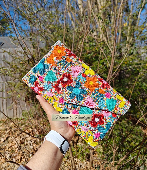 Colorful Beaded Clutch, Wild Flower Seed Bead Purse, Evening Bag
