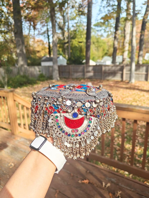 Embroidered Afghan Mathapati Cap: Halima Sultan Style Jewel Embellished Gray Hat
