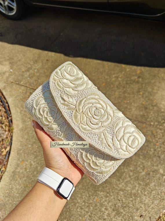 White Rose Beaded Purse: Floral Wedding Beaded Clutch Bridal Handbag
