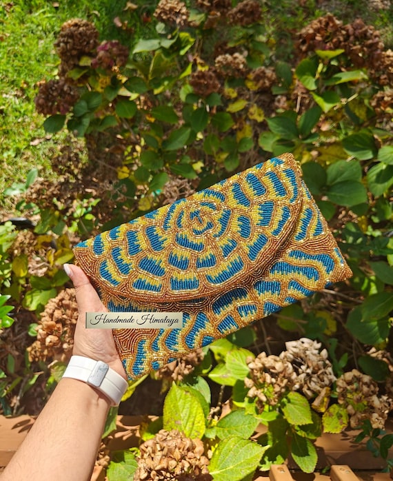 Beaded Floral Clutch: Gold Blue Crossbody Bag, Party Evening Purse