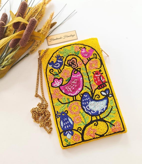 Yellow Bird Beaded Phone Bag | Folk Art Embroidered Mobile Clutch | Unique Boho Bird Crossbody Smartphone Pouch