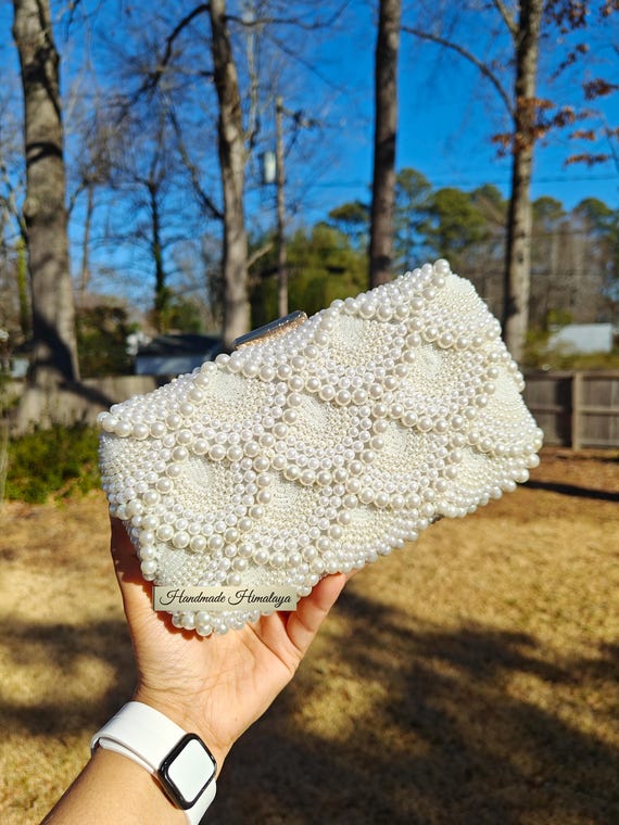 Pearl Beaded Bridal Clutch: Scalloped Crossbody Wedding Purse Bag