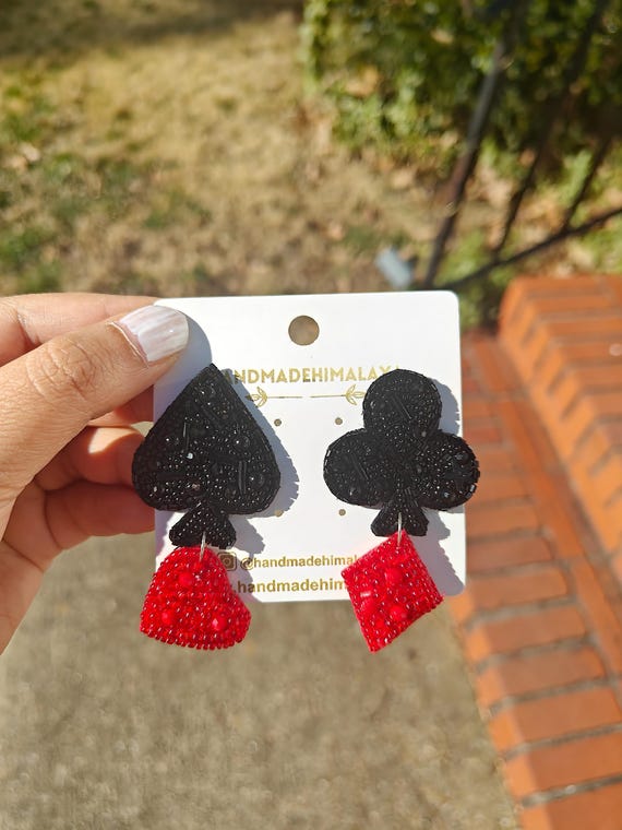 Ace of Spades Beaded Earrings, Red Black Playing Cards Dangles,  Casino Poker Jewelry