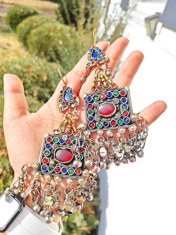 Vintage Afghan Kuchi Tribal Earrings | Antique Silver Dangle with Colorful Stones