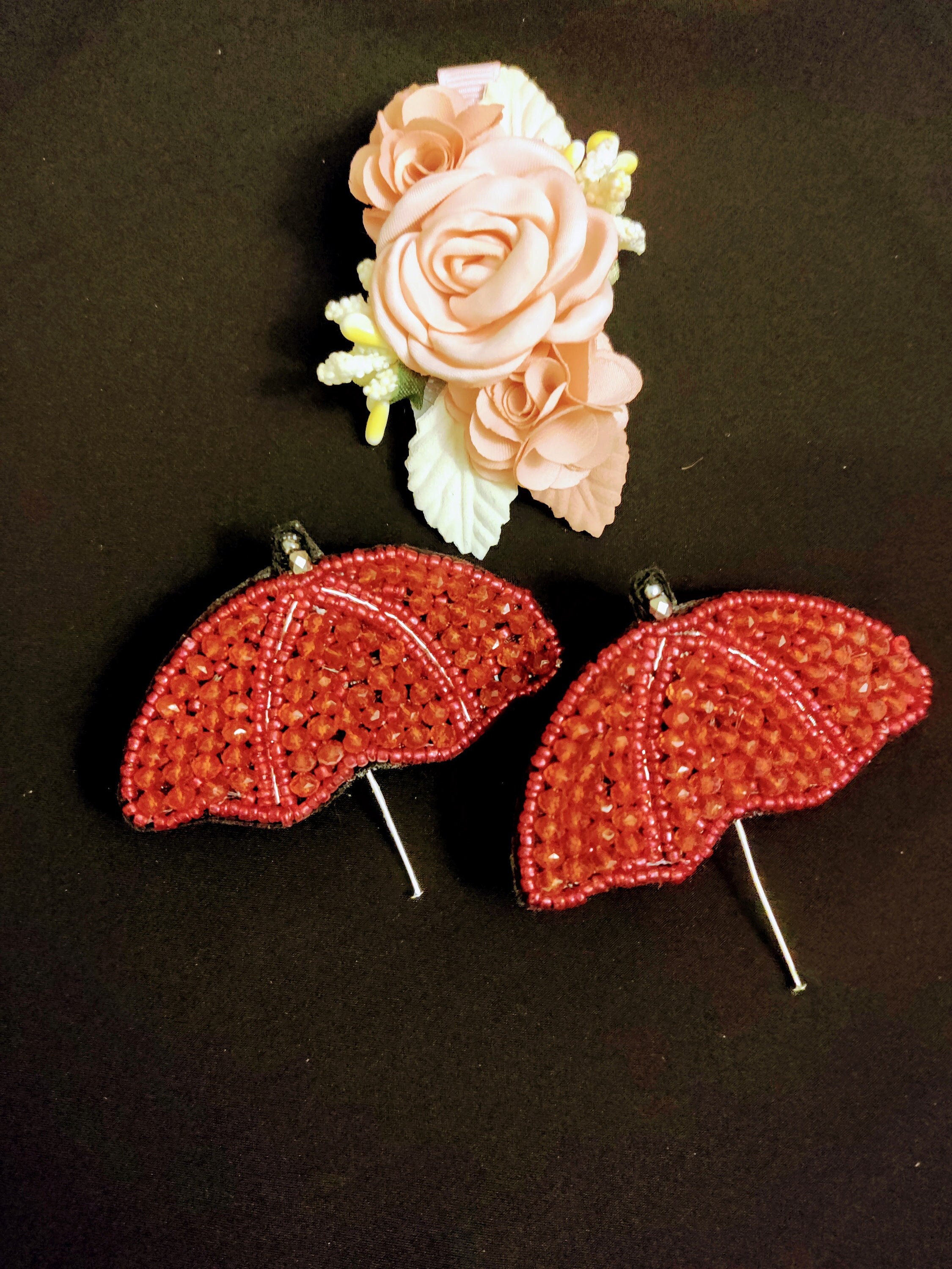 Red Beaded Earrings Beaded Studs Beaded Umbrella Earrings Etsy