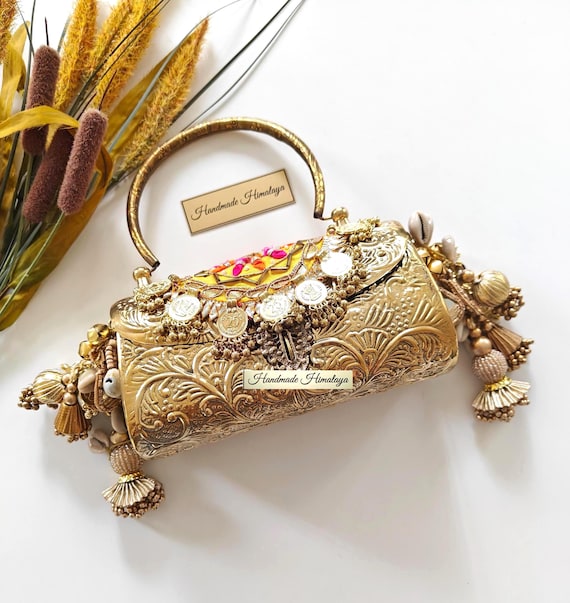 Vintage Gold Floral Brass Metal Clutch Bag: Yellow Embroidery Indian Banjara Wedding Crossbody with Charms