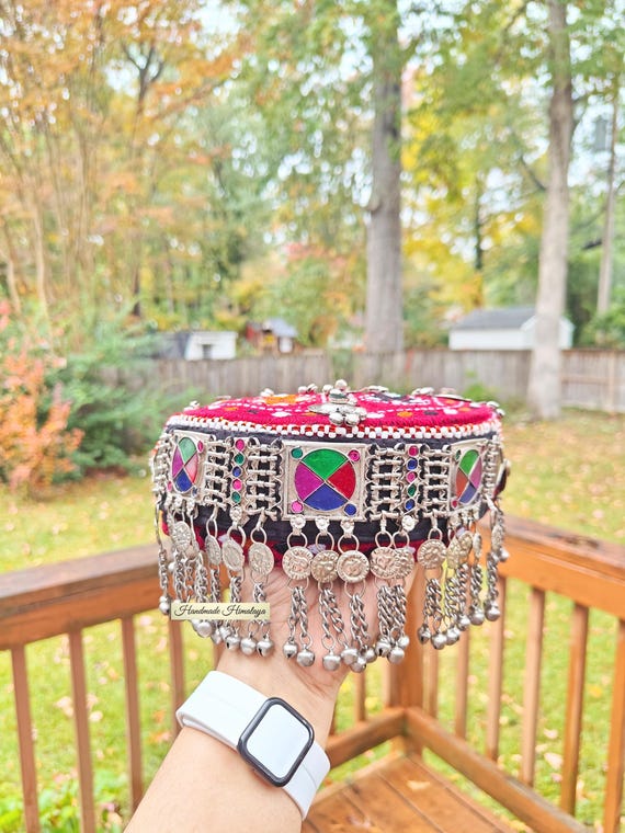 Afghan Halima Sultan Cap: Traditional Belly Dance Hat Embellished Woman Cap Metal Fringes
