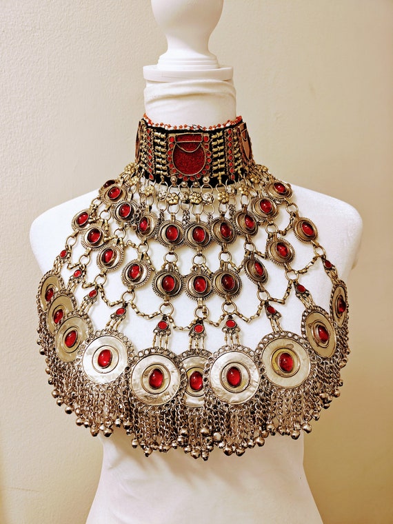Afghan Jewelry Set, Massive Tribal Necklace, Afghan Wedding Set, Gift for Her, Ethnic Boho Piece, Red Kochi Glass Jewelry