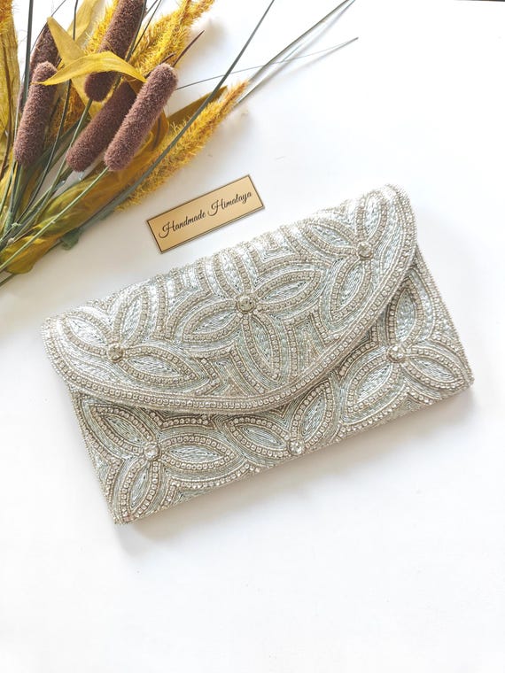 Light Green and Silver Beaded Bridal Clutch, Rhinestone Crystal Evening Purse for Wedding Guest