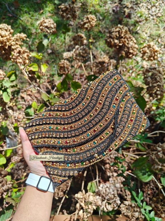 Black Gold Beaded Clutch: Handmade Crystal Evening Party Bag