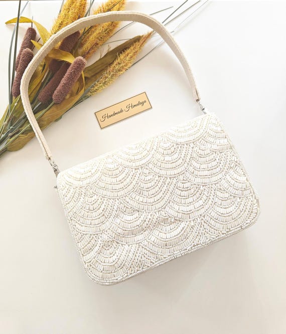 White Beaded Bridal Clutch | Scalloped Wedding Purse | Mini Evening Bag For Bride