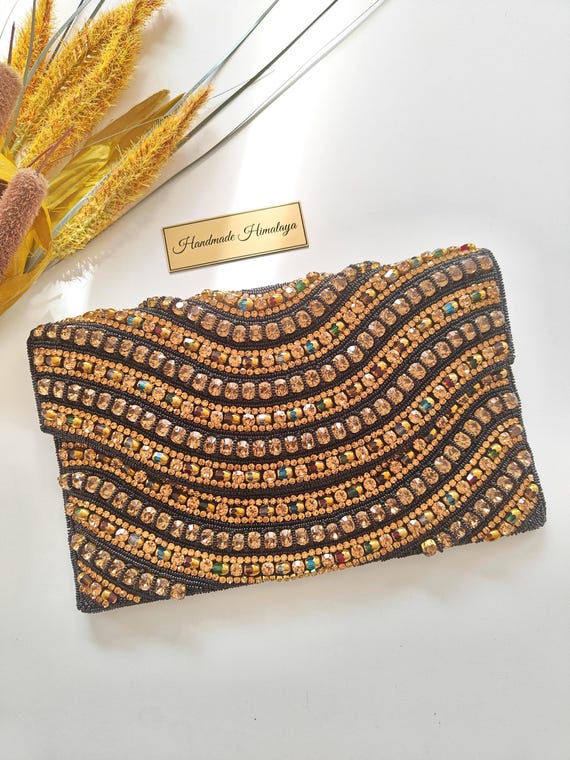 Gold Rhinestone Clutch Purse | Black Beaded Evening Bag | Gala Cocktail Crossbody