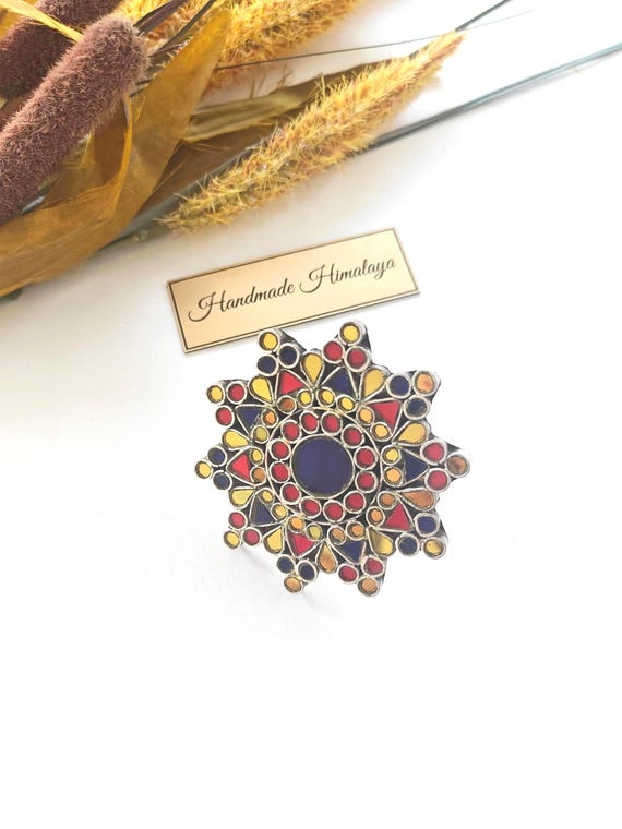 Afghan Mirror Ring | Tribal Brass Statement Jewelry |  Adjustable Mosaic Finger Band For Festivals