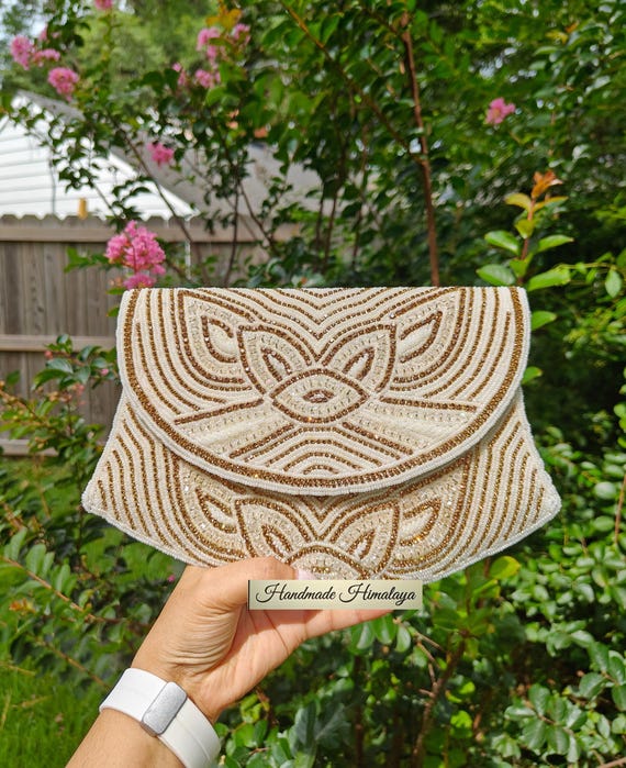 White Gold Purse, Beaded Clutch, Ivory Bridal Purse, Party Evening Bag, Crossbody Bag, Neutral Wristlet, Reception Purse, Bridesmaid Gift
