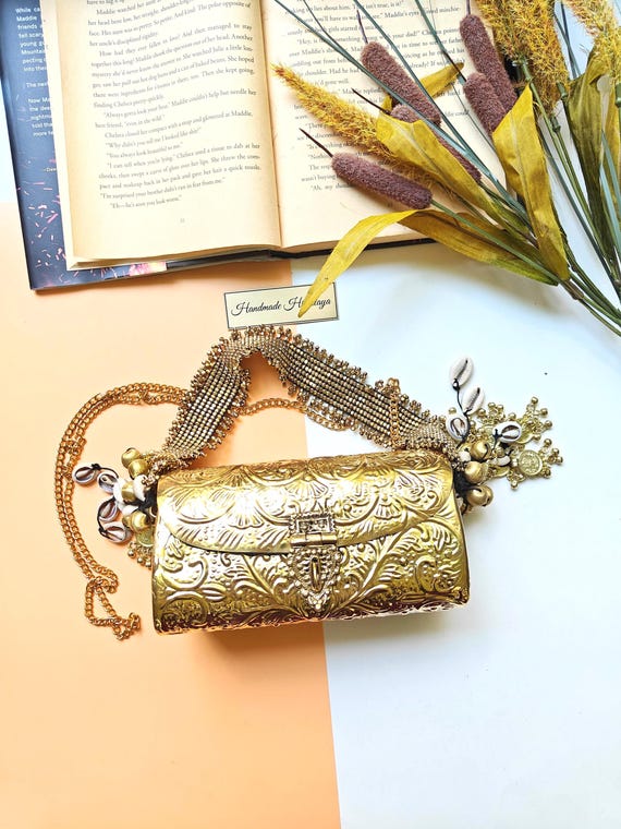Vintage Brass Purse: Indian Bridal Metal Crossbody Clutch Bag with Coin Shell Accents