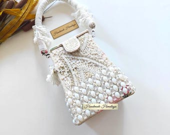 White Crystal Beaded Box Potli | Pink Floral Bridal Wedding Mini Purse