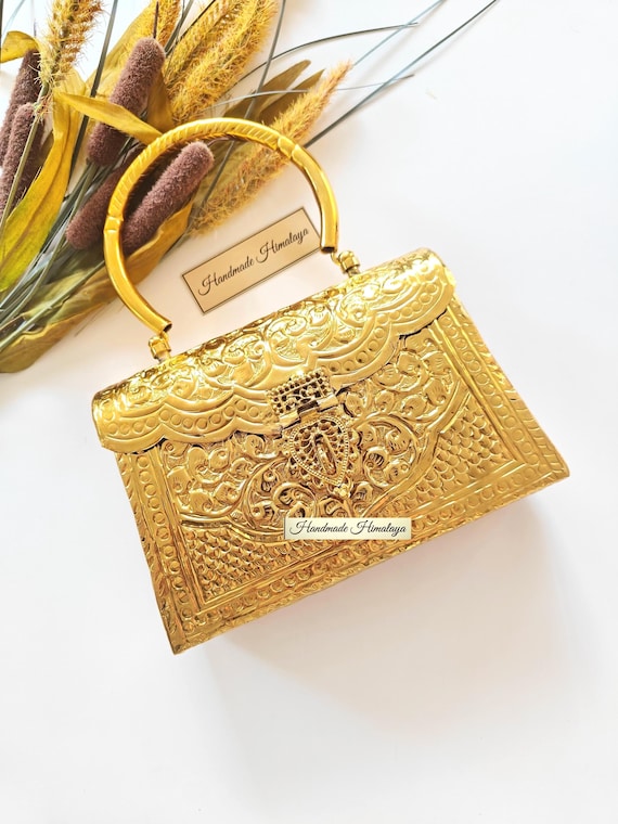 Engraved Gold Clutch Bag |  Floral Embossed Brass Box Purse |  Wedding Bridal Party Metal Handbag