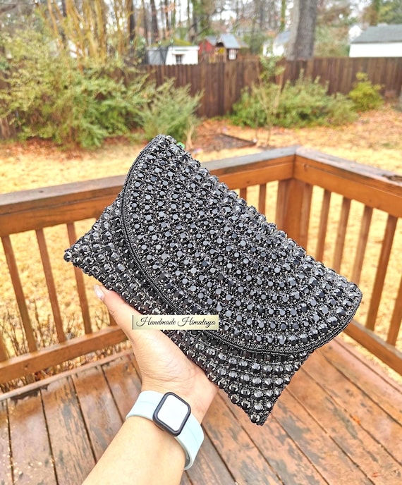 Black Beaded Clutch Purse | Sparkling Rhinestone Evening Bag | Crystal Wedding Envelope Crossbody