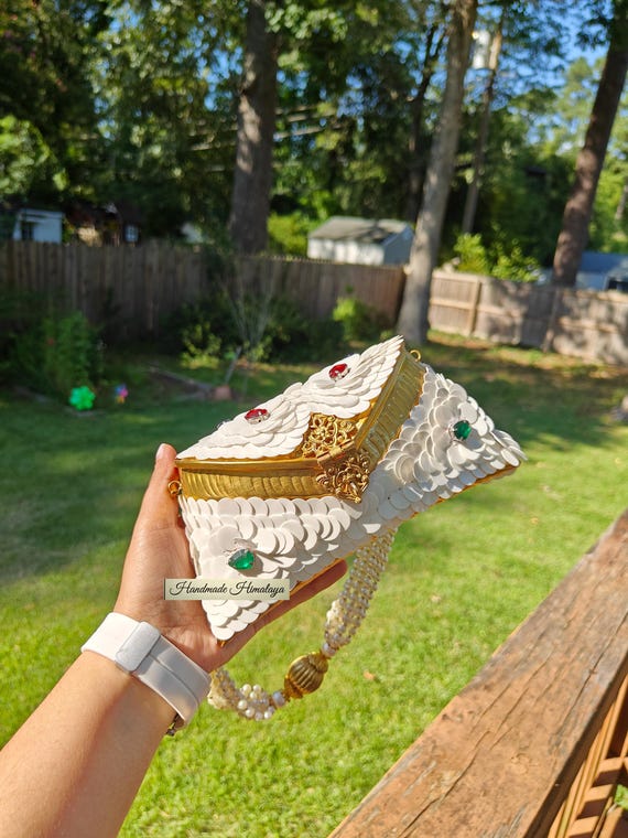 White Gold Brass Potli Bag with Pearl Handle and Gemstone Embellished Design, Bride Bag, Indian Metal Purse, Wedding Clutch