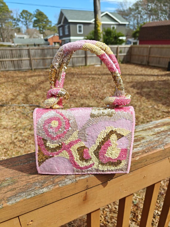 Pink Floral Sequin Top Handle Bag | Knotted Strap Evening Clutch Bag | Gold & Pastel Wedding Guest Purse