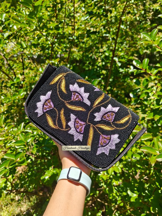 Black Purple Beaded Bag | Bridal Wedding Evening Purse